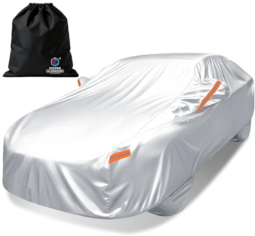 iCOVER Car Cover, Waterproof All Weather Car Covers for Toyota Camry, Honda Accord, BMW 5 Series, Mercedes E-Class,Audi A6 (Length 192 to 198) Outdoor Full Exterior Cover with Detachable Tire Covers