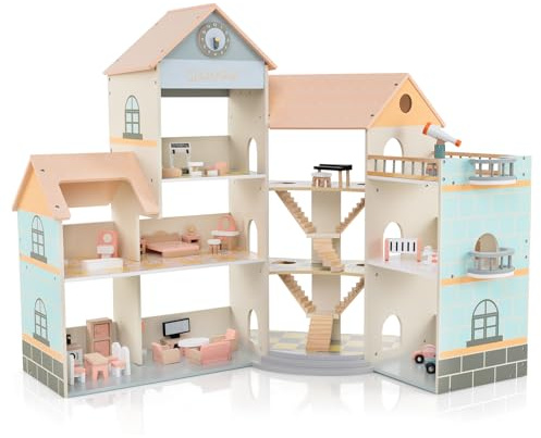 COSTWAY Casa delle Bambole in Legno, Casetta delle Bambole a 3 Piani con 41 Mobili e Accessori, Giocattolo per Bambini 3+ Anni,107 x 82,5 x 94,5 cm (Arancione)