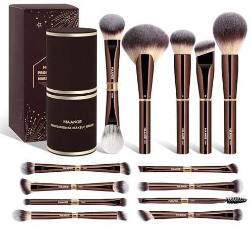 MAANGE Ensemble de pinceaux de maquillage, 13 pièces avec étui, pinceaux de maquillage 22-en-13 à double extrémité pour fond de teint, poudre, fard à paupières, correcteur, fard à joues (Or café)