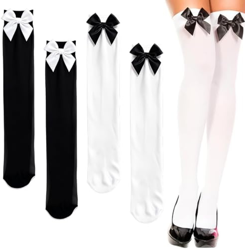 OIXEYA 2 Paia Calze Lunghe Donna, Calzini al Ginocchio, Calze con fiocco, Donna Extra Lunghi Calzini da Ginocchio Coscia Alta Calze Stivali Calze Sopra il Ginocchio Calze (Bianco+Nero)