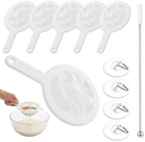 6 Stück Sieb Fein, Feines Sieb Küche Mit Griff, 400/200/100 Mesh Haarsieb Küche Mit 6 Haken und 1 Rührstab, Küchensieb Kunststoff, Plastiksieb Kefir, Passiersieb für Kefir, Saft, Milch und Kaffee