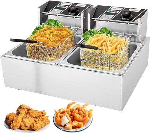 Kommersiell fritös, 5000W 12L elektriska fritöser med dubbla tankar, oljefritös i rostfritt stål for bänkskiva, professionell bordsrestaurang