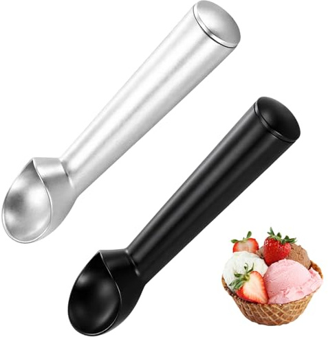 2-Piece Icecream Scoop Set, Professional Icecream Scoop with Release with Release, Small Ice Cream Scoop for Hard Ice Cream, Black and Silver Aluminum Scooper for Home Kitchen and Party Use