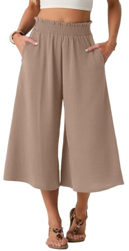 PrinStory - Pantalones de pierna ancha para mujer, cintura elástica alta, capris casuales, pantalones palazzo sueltos, culottes de ocio, marrón, L