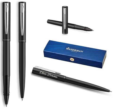 Waterman Allure Ensemble d'écriture avec gravure – Set de stylo à bille et stylo roller personnalisé – Set d'instruments d'écriture de luxe en noir – Cadeau élégant pour femmes et hommes (Black C.T.)