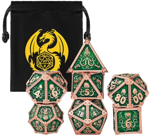 DND Set di 7 Dadi in Metallo, Modello del Polpo, 7 pezzi di Dadi Poliedrici, Accessori per Giochi di Ruolo, Giochi di Società, D20, D12, 2 D10, D8, D6 e D4, Regali D&D con Borsa Regalo, Verde + Rame