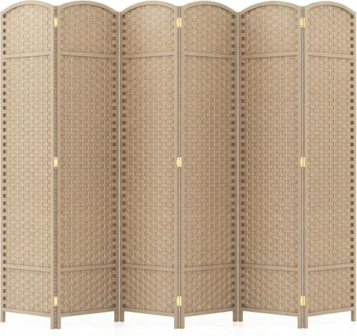 CASART 6-Panel Room Divider, Hand Made Folding Privacy Screen with Solid Wood Frame, 240 x 170cm Free Standing Partition Screens for Bedroom Living Room Office (Beige)