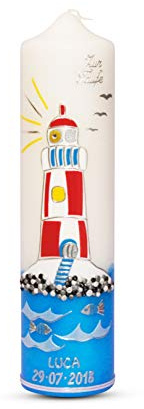 WikaKerzen Taufkerze Leuchtturm 30x7 cm Kommunionkerze Taufkerzen für Junge und Mädchen personalisiert zur Taufe