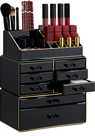 Relaxdays 2X Organizer Make-up con Cassetti, Contenitore Impilabile con Porta-Rossetti, in Acrilico, Nero Oro