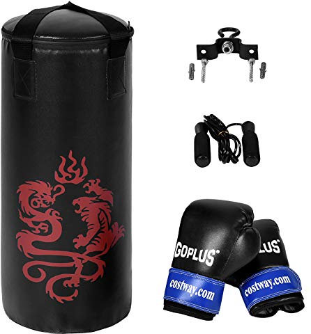 DREAMADE Kinder Boxsack Set, Punchingsack Set mit Boxsack (Φ25CM, H60CM, 10KG) + EIN Paar Boxhandschuhe (8oz) + Springseil + Deckhalterung + Tasche, Punching- & Boxgeräte für Kinder