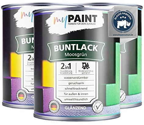 myPaint 2in1 Buntlack Seidenmatt (2,25L Moosgrün/Grün RAL 6005) – Wetterfeste Holzfarbe Holzlack Küchenmöbellack. Getrocknet auch für Kinderspielzeug. Schnelltrocknend, Für Innen Außen