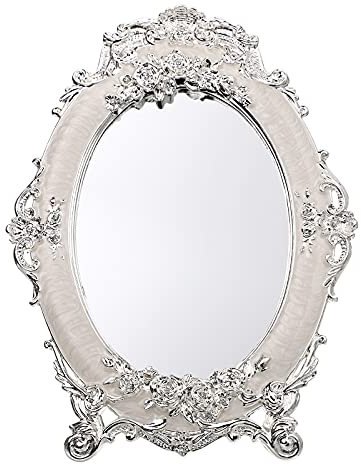 JUXYES Espejo de Mesa pequeño de Metal Vintage con Soporte, Espejo de Escritorio con Rosas Antiguas en Relieve, Espejo de Maquillaje Retro Ovalado cosmético Decorativo para centros de Mesa