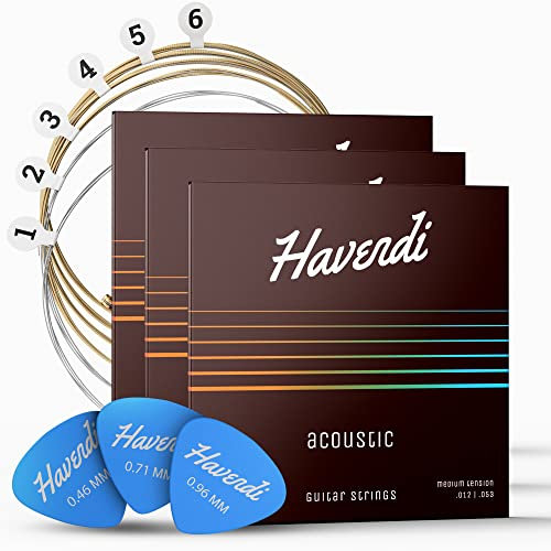 HAVENDI® Gitarrensaiten I Gitarrensaiten Westerngitarre für brillante Klangqualität I Langlebige Stahl Saiten mit Phosphor Bronze Ummantelung inkl. 3 Plektren