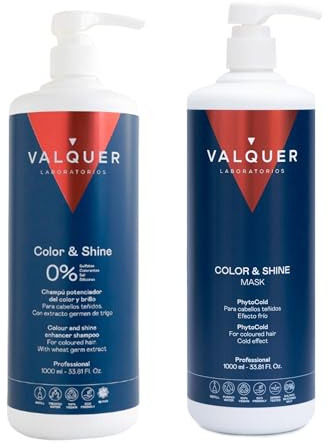 Valquer Pack Color y Brillo, Champú y Mascarilla Efecto Frío con Extracto de Germen de trigo. Revitaliza y Potencia el Cabello Teñido proporcionando Brillo y Suavidad. Vegano. 1L + 975 ml