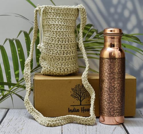 India House Handgefertigte, gravierte Flasche aus 100% reinem Kupfer Makramee-Beutel/Wasserflasche/Geschenk/1000 ml-