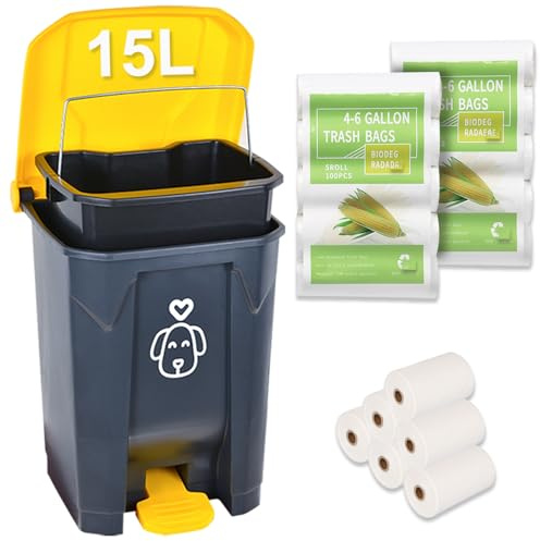 origreen Outdoors Dog Poop Trash Can with Lid & 290PCS Waste Bags, Cute Dog Waste Trash Can for Yard, Home, Garden, Kitchen, 15 Litre Removable Inner Bin, Plastic, G&Y, GB