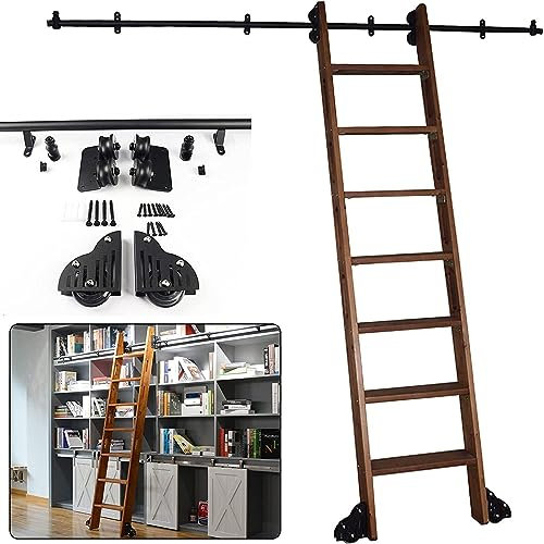 Bibliotheks-Schiebeleiter-Hardware-Kit | Rundrohr-Kohlenstoffstahlschlitten | Rollendes Gleitschienen-Rollensystem, robuste Schiene für interne Scheunen-Schiebetüren aus Holz, mit