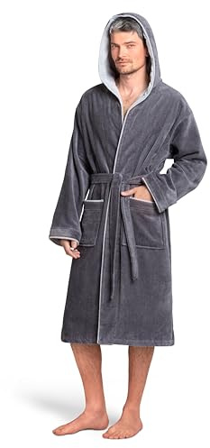 Twinzen Badrock för män, frotté med huva - 100 % bomull, premium sammet, OekoTex - morgonrock för män, supermjuk frottébadrock, Färg: grå, XXL
