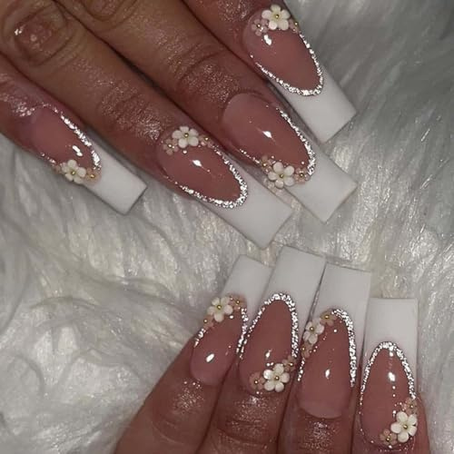 Foccna White Press on Nails Long,3D Flower Fake Nails Square Bling Glossy Rhinestone False Nail Tips Artificial Nails Finger Manicure for Women and Girls,24pcs