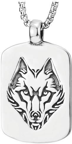 COOLSTEELANDBEYOND Herren Edelstahl Dog Tag Wolfskopf Anhänger Halskette, Nordisch Wikinger Amulett Wolf, 75cm Weizen-Kette
