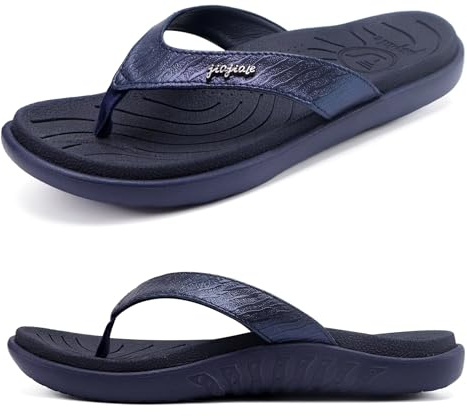 jiajiale Flip Flops damer mode ortopediskt läder tyg lätt tåseparator kvinnor bekväm yoga fotbädd badtofflor sommar strand halkfri fast gummi sula, Mörkblå, 37 EU