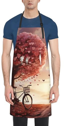 Dwrepo Kochschürze mit Fahrrad-Motiv unter dem Herzbaum, romantischer Druck, wasserdicht, verstellbar, leichte Arbeitsschürze für Damen und Herren, Schwarz, Einheitsgröße, Schwarz, EinheitsgröÃŸe