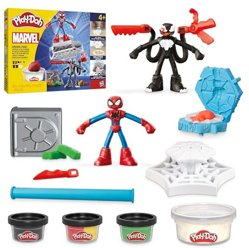 Play-Doh Marvel Spider-Man Netz-Action Set, 2 Spielfiguren und vielen Knetformen, 4 Dosen Modelliermasse in passenden Farben, kreatives für Kinder ab 3 Jahren