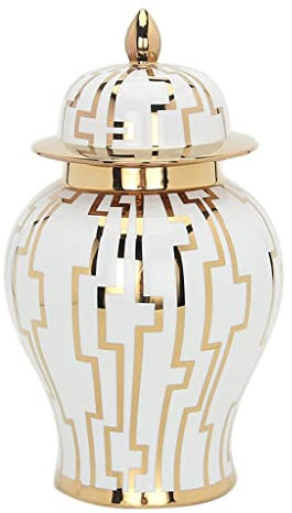 Teedose, Keramikgläser mit Deckel, Vasen, golden gestreiftes Vorratsglas, Keramik-Ingwerglas, dekoratives Keramikglas mit Deckel, Heim-Wohnzimmer-Ornamente (Farbe: Weiß, Größe: 19,5 x 19,5 x 3).