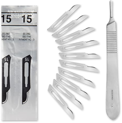 Set - 10 Stück sterile Skalpellklingen Figur 15 aus Karbonstahl - Ersatzklingen + 1 x Shehadeh - Skalpell-Halter - Edelstahl