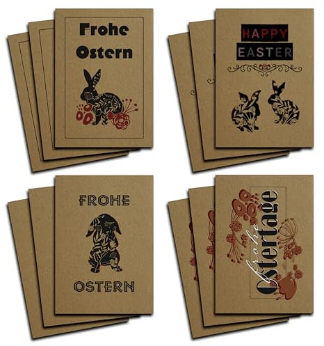 12er Set Osterkarten auf 450g/m² Kraftpapier - Vielfältige Designs in 4 Variationen, je 3-fach sortiert Hochwertige Grußkarten zu Ostern Einzigartige Postkarten im DIN A6 Format Ostergrußkarten