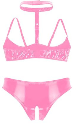 CHICTRY Womens 2 Piece Lingerie Set Stretch Vinyl Shelf Bra Quarter Cup Bra Tops with Panty Nightwear Pink 4XL