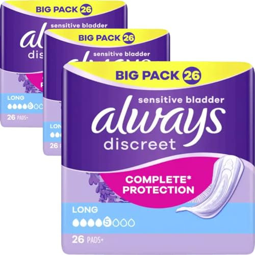 Discreet Inkontinenz Long Big Pack Pads Binden Damenbinden 26 STÜCK x 3 Packungen