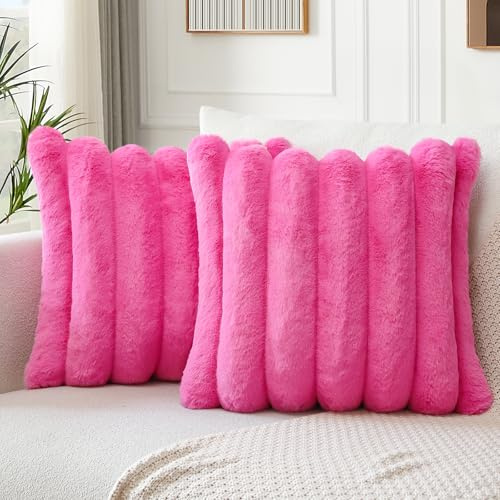 Soleebee 2er Set Plüsch Samt Kissenbezüge, Weiche Künstliche Pelz Kissenbezug Sofa Zierkissenbezüge Dekokissen Kissenhülle Set für Schlafzimmer Zuhause Couch Auto Dekor (Heißrosa, 40x40cm)