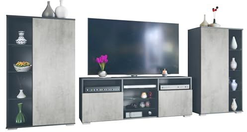 Vladon Wohnwand Davos, Anbauwand bestehend aus 2 Vitrinen und 1 TV-Board, Anthrazit matt/Beton Oxid Optik (329 x 134 x 35 cm)