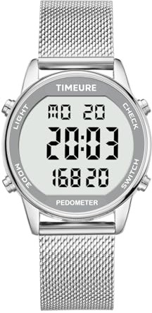TIMEURE Women's Step Counter Watch with Stainless Steel Bracelet, Stylish Design, No App, No Charging Needed for Step, Calorie, Distance Tracking, Alarm, Countdown Timer，TU-2401 (SR), Silver
