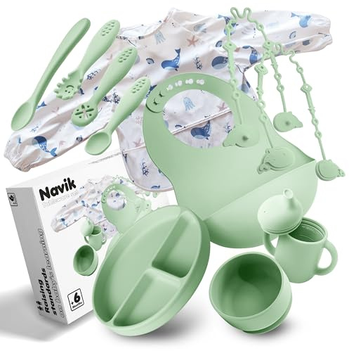 Navik | set pappa svezzamento da 12 pezzi | piatto svezzamento con ventosa per bambini | bicchiere bambino | cucchiaio e ciotola in silicone | verde