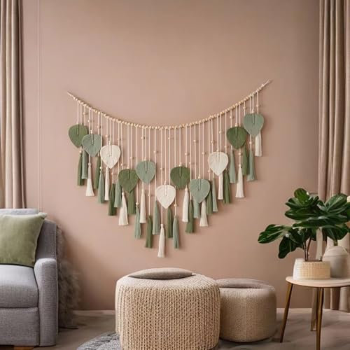 ANAZOZ Makramee Wandbehang Groß, Wandbehang Boho Deko Wimpel Makramee Wandteppich Baumwolle Gewebte Beige - Makramee Girlande Mit Kurzem Quasten 110x25cm