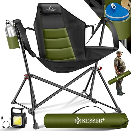 KESSER® Campingstuhl faltbar Schaukelstuhl bis 160 kg | Angelstuhl Faltstuhl Klappstuhl Gepolstert mit hoher Rückenlehne | Inkl. Campinglicht & Getränkehalter | Strandstuhl mit Wippfunktion, Khaki