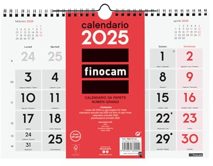 Finocam - Calendario neutro de pared con números grandes 2025, diseño mensual de enero de 2025 - diciembre de 2025 (12 meses) italiano, 300 x 210 mm