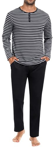 Marvmys Pigiama Uomo Cotone Maniche Lunghe Pigiama a Righe Completo Pigiama Autunnale e Invernale Pigiama Set Due Pezzi Pantaloni Pigiama con Tasche Nero Grigio L