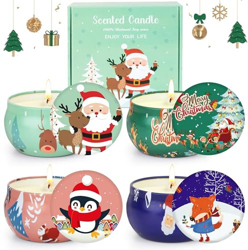 Regalo de Velas Aromáticas Navideñas para Mujer | 4 Velas Perfumada de Vaso para Aliviar el Estrés | Cera de soja, De Larga Duración, Sin Humo | Regalos Navideños Perfectos para Mujeres