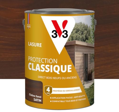 V33 Lasure Bois extérieur Chêne foncé - Protection Classique 4 ans - Protège du grisaillement - Direct bois neufs ou anciens - Texture anti-goutte - 5L
