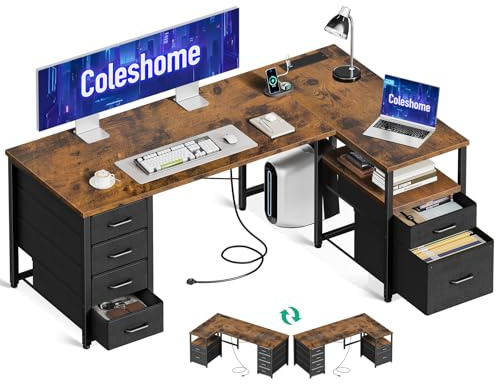 Coleshome L Shaped Computer Desk with 6 Drawers & Power Outlet, 140×80cm