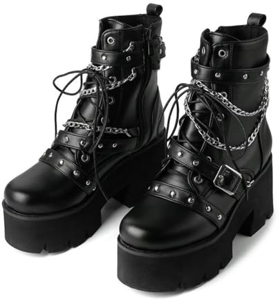 ENWIND Stivaletti Gothic Punk da Donna con Tacco Alto Stivali da Moto con Suola Spessa Plateau Stivali da Combattimento,Nero,38 EU