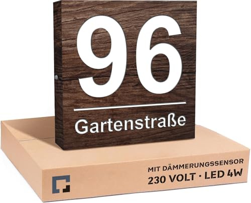 PRINTIMA Premium Gravur Personalisierter Hausnummer Anthrazit Beleuchtet Led Strom 230V, Außenlampe Hausnummernschild mit Dämmerungssensor |30x30cm, 4W/A+++| Wasserdicht (Moor-Eiche)