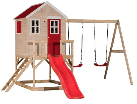 Wendi Toys M28 Stelzenhaus mit Rutsche und Doppelschaukel, Kinderspielhaus Holz für Garten Outdoor, FSC-Holz, Podesthöhe 90 cm, 330 × 405 × 242 cm, mit 175 cm Rutsche, Sandkasten, wetterfest