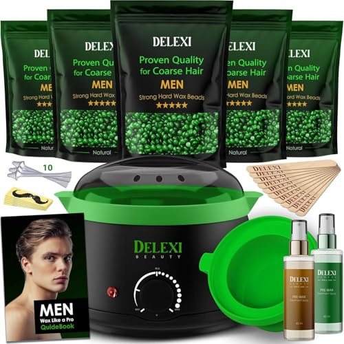 DELEXI Men’s Waxing Kit for Coarse Back & Chest Hair – New Heavy-Duty Edition – Home Waxing System for Couples & Male Grooming – Includes Analog Warmer & Precision Tools for Beard & Brows