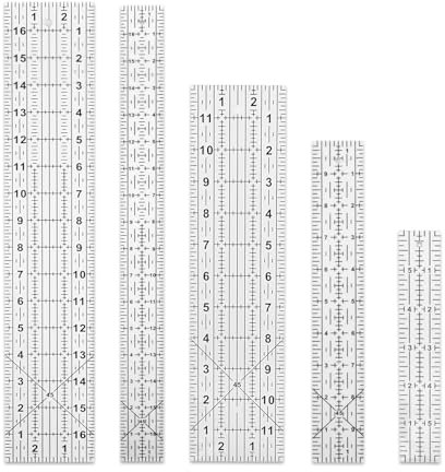 5stk Nählineale, Quiltlineale in den Größen 43,3x7,6cm, 43,3x3,8cm, 30,5x7,6cm, 25,5x3,8cm, 15,3x2,6cm Transparentes Schneidelineal Acryllineal zum Nähen Quilten Stoffe