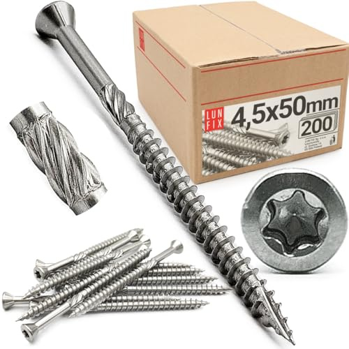 Vis terrasse 4,5x50mm 200 pièces, TX20, acier inoxydable C2 extérieur | tête fraisée, filetage partiel durcies, construction terrasse bois extérieur, fixation planches, Lun Fix