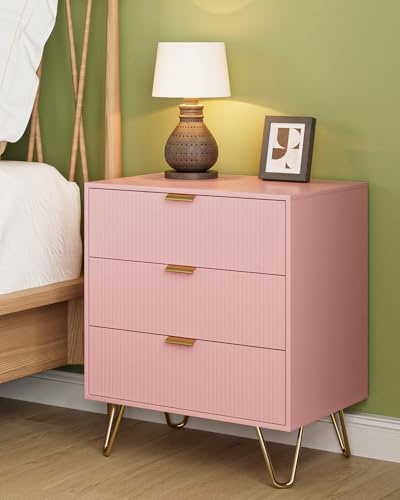 Apetaccat Bedside Table with 3 Drawers, Chest of Drawers Bedroom, 60x40x70cm, Wooden Bedside Cabinet With Metal Handles,for Bedroom Livingroom,Hallway, Pink
